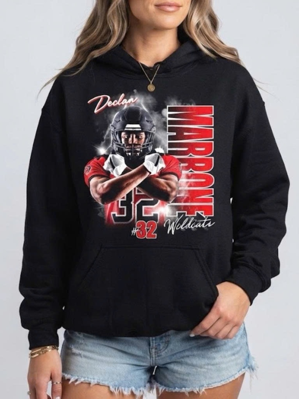Vintage Black Hoodie with Red & White Football Marrone Player Graphic